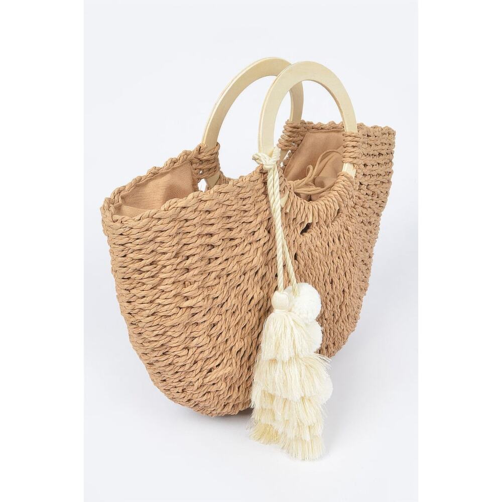 NWT Women's Boho Woven Paper Wood Handle Tasseled Tote Bag - Picture 5 of 8